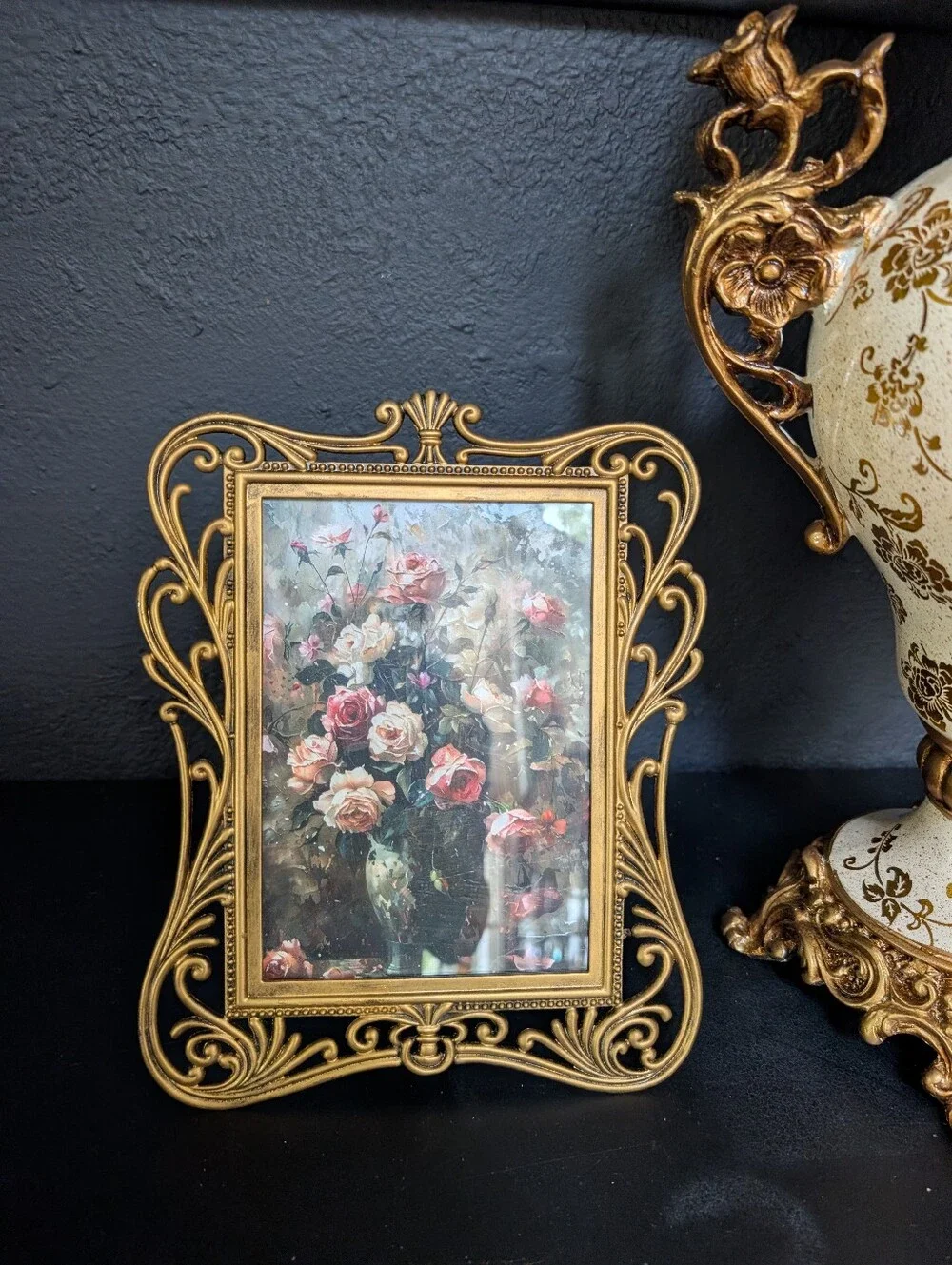 Vintage Ornate Gold Cast Metal Photo Frame w/ VTG style Still Floral Art Print 9